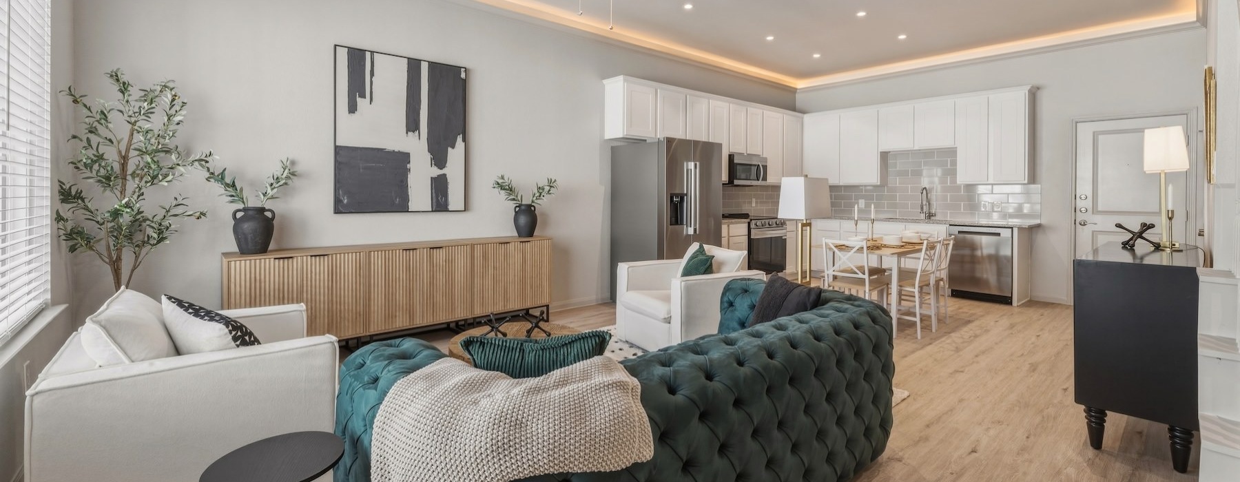 a living room with a fan