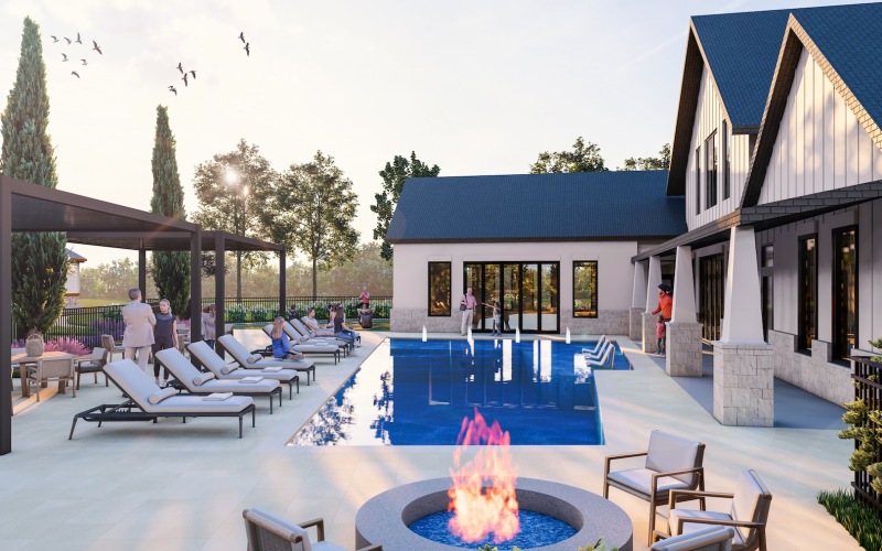 a courtyard with a pool and a fire pit